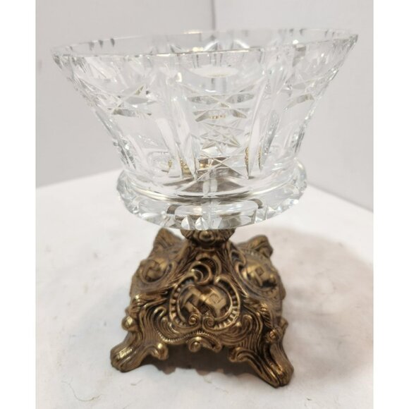 Vtg Cut Crystal Glass Compote w Brass Footed Base Elegant Hollywood Regency - Picture 1 of 16